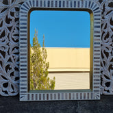 Bone Inlay Carved Wall Hanging Mirror Frame With Grey Strip Pattern Waterfall Style 70.5x3x87xCm